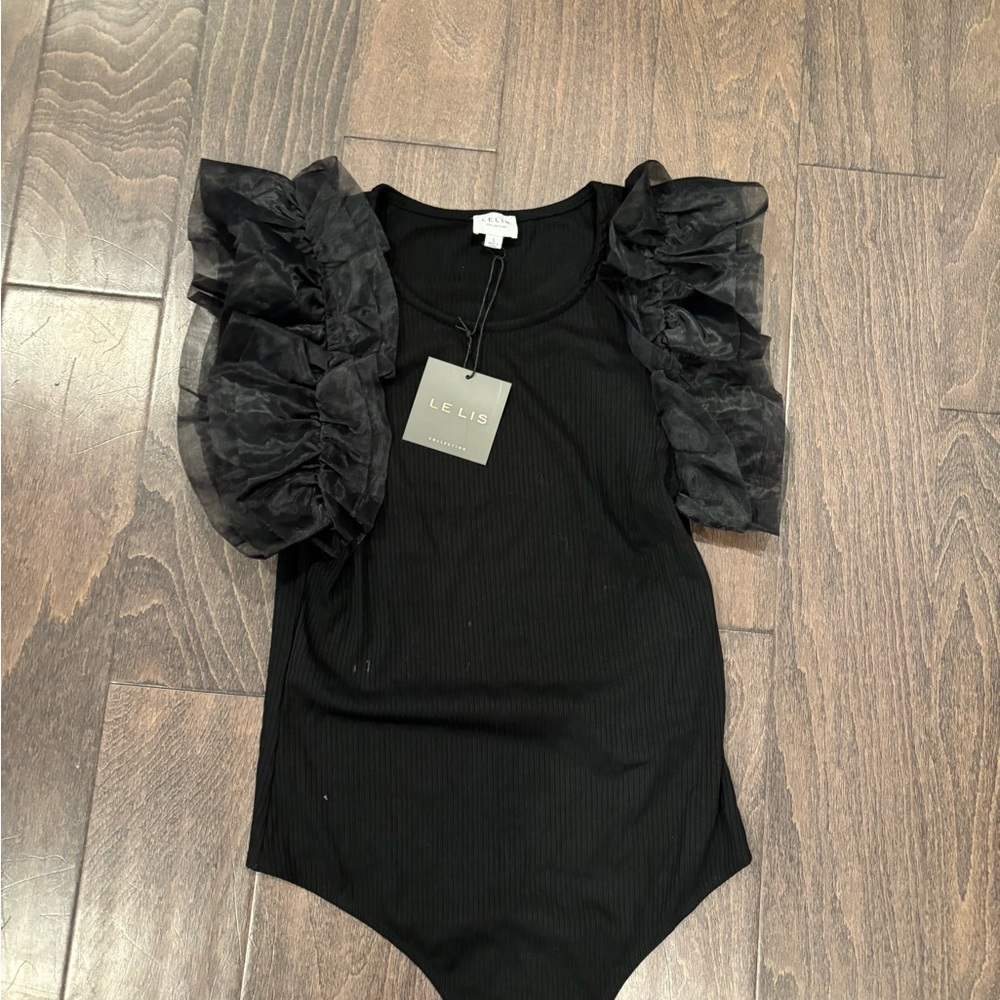 Le Lis Elegant Black Ruffle Sleeve Bodysuit